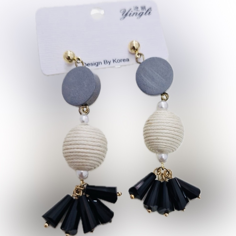 Cute & Trendy Enamel & Beaded Tassels Drop Dangle Fashion Earrings Set 2"
